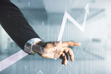 Poster - Double exposure of man hand presses on abstract creative financial chart and upward arrow on blurred office background, research and strategy concept