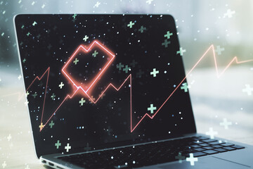 Poster - Creative abstract heart pulse hologram on modern computer background, online medical consulting concept. Multiexposure