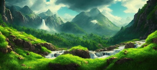 Fototapete - Cascade of the waterfall flows down from the slope of the mountains. Mountain rivers flow among green lawns and mountain peaks. Fantasy waterfall panorama. 3d illustration