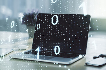 Aufkleber - Double exposure of creative abstract binary code hologram on laptop background. Database and programming concept