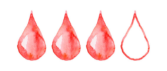 Watercolor illustration of blood drops. female periods concept. Hand drawn, isolated on white