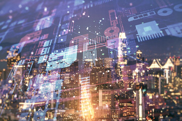 Fototapete - Multi exposure of abstract software development hologram on San Francisco skyscrapers background, research and analytics concept
