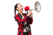 Young photographer Arab woman over isolated background shouting through a megaphone