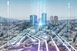 Panoramic cityscape view of San Francisco financial downtown from rooftop, day time, California, United States. Artificial Intelligence, hologram. AI, machine learning, neural network, robotics