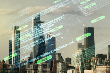 Poster - Abstract virtual coding illustration on New York cityscape background, software development concept. Multiexposure