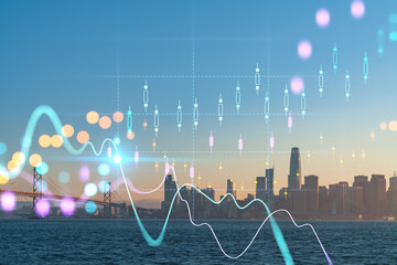 City view, Bay Bridge and San Francisco Skyline Panorama from Treasure Island, sunset, California, US. Forex candlestick graph, charts hologram. The concept of internet trading, brokerage, analysis