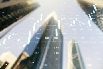 Poster - Abstract virtual analytics data spreadsheet on modern architecture background, analytics and analysis concept. Multiexposure