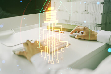 Aufkleber - Creative idea concept with light bulb and microcircuit illustration and hands typing on laptop on background. Neural networks and machine learning concept. Multiexposure