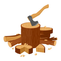 Wooden logs with ax, wood chopping. Cartoon tree trunks, firewoodб wooden logs, lumberjack workplace flat vector background illustration. Stacked woodwork products