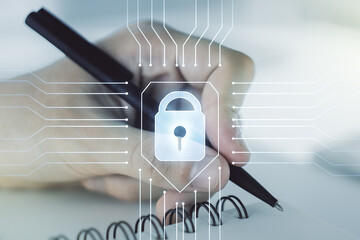 Poster - Creative lock illustration with microcircuit and man hand writing in diary on background, cyber security concept. Multiexposure