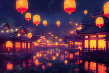 Lanterns Template At Night Japanese Style Digital Illustration.