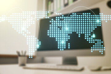 Aufkleber - Abstract creative world map with connections and modern desktop with computer on background, international trading concept. Multiexposure