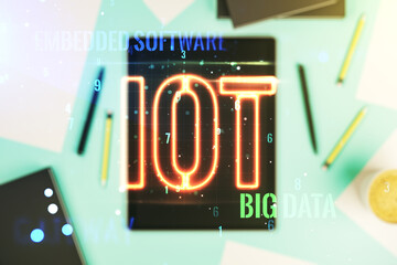 Aufkleber - Double exposure of creative IOT hologram and digital tablet on background, top view, research and development concept
