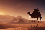 Fototapeta  - 3d illustration of a lonely camel in the desert in Egypt at sunset