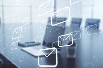 Poster - Creative abstract postal envelopes hologram on modern computer background, email and notification concept. Multiexposure