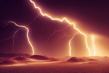 3d Illustration Of Climate Change In Desert Lightning Storm With Thunder