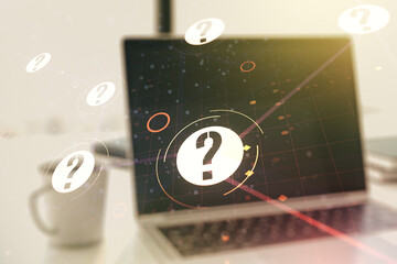 Aufkleber - Creative abstract question mark sketch on modern laptop background, FAQ and research concept. Double exposure
