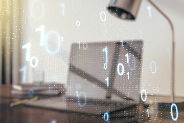 Aufkleber - Creative concept of binary code illustration on modern laptop background. Big data and coding concept. Multiexposure