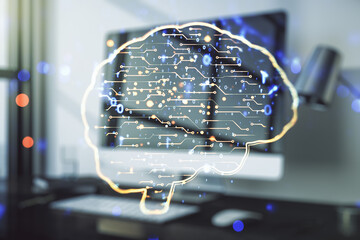 Poster - Double exposure of creative human brain microcircuit with computer on background. Future technology and AI concept