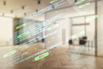 Poster - Multi exposure of abstract software development hologram on modern corporate office background, research and analytics concept