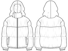 Hooded Puffer Jacket Design Flat Sketch Illustration Front And Back View Vector Template, Quilted  Hoodie Puffa Winter Jacket For Men And Women