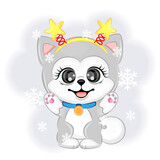 Fototapeta Dinusie - Cute dog Alaskan Malamute Christmas or New Year vector illustration