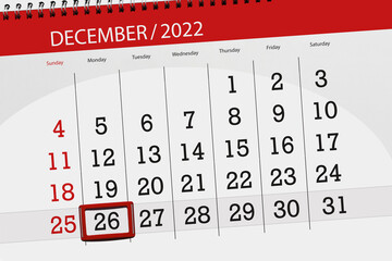 Calendar 2022, deadline, day, month, page, organizer, date, december, monday, number 26