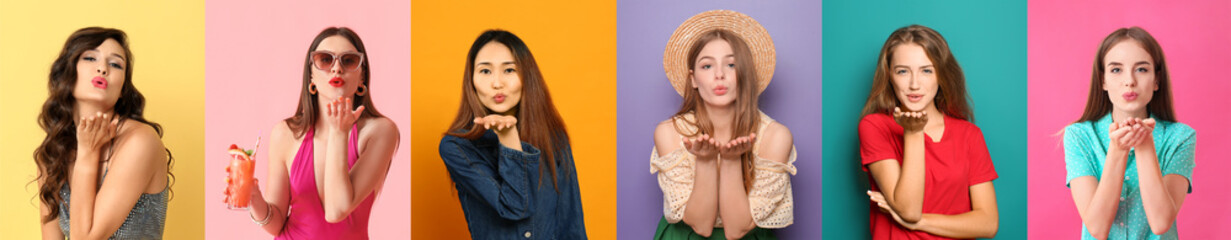 Wall Mural - Collection of beautiful women sending air kisses on color background