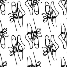 Pattern Of A Drawing Of A Black Line Of A Ballerina's Feet In Pointe Shoes With A Bow, Drawn In The Style Of A Doodle, Often On White For A Design Template For Labels, Signage, Packaging And Postcards