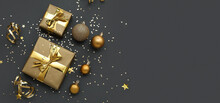 Beautiful Christmas Gifts, Balls And Confetti On Dark Background With Space For Text