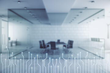 Aufkleber - Abstract virtual micro chip hologram on a modern furnished classroom background, artificial intelligence and machine learning concept. Multi exposure