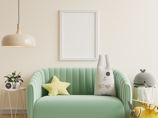 Mockup frame in the children's room with green sofa on wall white background.