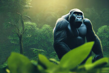 A Large Black Gorilla Sits On The Ground Against The Background Of Trees And Vines With Green Foliage In The Jungle On A Summer Day 3d Illustration