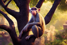 A Monkey Sits On A Tree Trunk With Green Foliage In The Jungle On A Clear Summer Day 3d Illustration