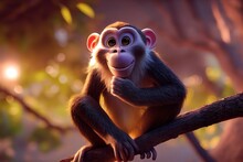 A Monkey Sits On A Tree Branch With Green Foliage In The Jungle On A Clear Summer Day 3d Illustration