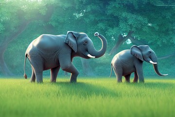 Two big gray elephants with massive trunks walk on green grass against the background of trees on a summer day 3d illustration