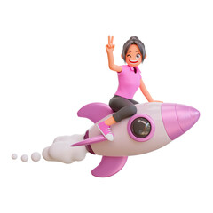 Wall Mural - 3d illustration cute girls is flying on a rocket