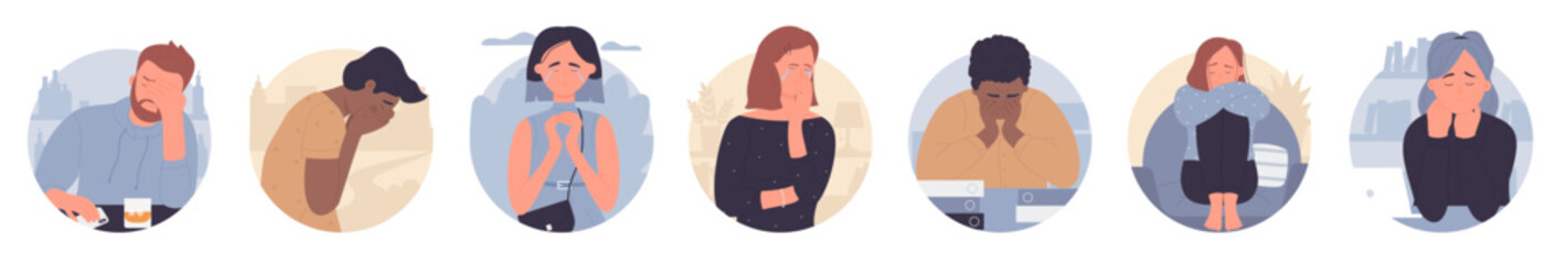 Cartoon lonely man woman suffering from grief, loneliness and pain, people teens crying background. Stress, anguish, mental problem concept. Sad depressed people round shapes set vector illustration.