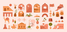 Travel To Morocco Set Vector Illustration. Cartoon Isolated Abstract Moroccan Art And Culture Symbols, Marrakech City Building With Terracotta Doors And Arches, Map And Flag, Pottery And Camels