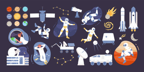 Wall Mural - space discovery set vector illustration. cartoon isolated man and woman astronaut characters in spac