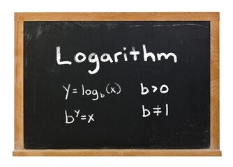 Logarithmic functions written in white chalk on a black chalkboard isolated on white