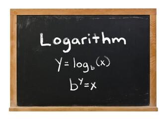 Logarithmic functions written in white chalk on a black chalkboard isolated on white
