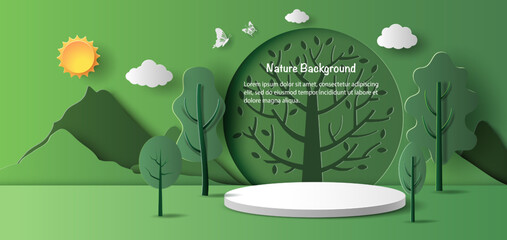Product banner, podium platform with geometric shapes and nature background, paper illustration, and 3d paper.
