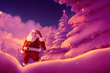 Santa Claus Portrait, Christmas Illustration. Holiday Decorations, Christmas Tree, Gifts, Decorations. Happy New Year. Digital Art Style, Illustration Painting