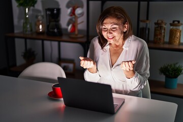 Poster - Middle age hispanic woman using laptop at home at night celebrating surprised and amazed for success with arms raised and open eyes. winner concept.