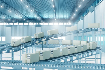 Poster - Warehouse courier service. Conveyor with boxes. Fulfillment process without participation of people. Conveyor with parcels for courier delivery. Boxes from courier service on conveyor line. 3d image.