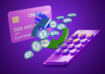 Aufkleber - exchange of usd coins. usdc cryptocurrency on purple. usdc exchange via phone. credit card to buy us