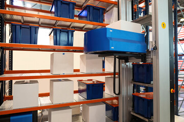 Poster - Warehouse technologies. Automated storage system. Equipment for automated warehouse. Unmanned forklift picks up box from rack. Modern technologies warehouse. Fulfillment process automation concept