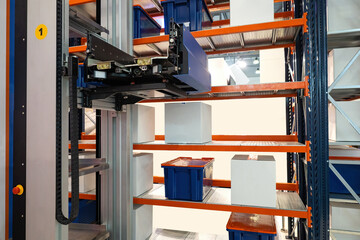 Poster - Warehouse robot. Automated equipment moves boxes on racks. Warehouse automatic robot. Modern warehouse technologies. Distribution center automation equipment. Forklift robot for picking up boxes