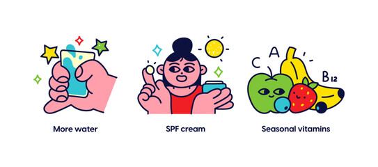 Sticker - Summer activities and vacation concept illustrations. More water, SPF cream, Seasonal vitamins. Visual stories collection